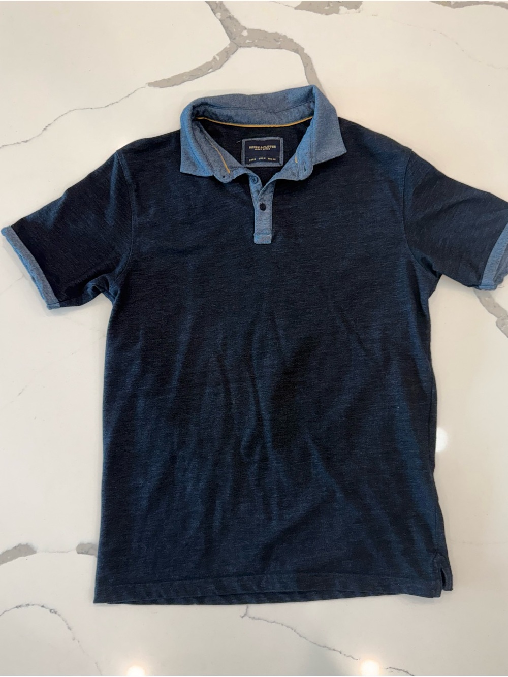 Denim & Flower Navy Polo with Light-Blue Contrast Collar